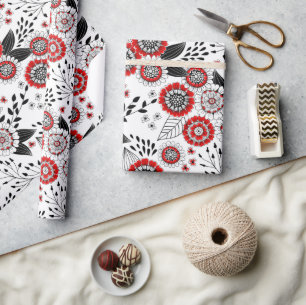 Doodle flowers and leaves in red and black wrapping paper