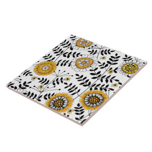 Doodle flowers and leaves in yellow and black ceramic tile