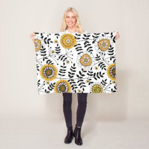 Doodle flowers and leaves in yellow and black fleece blanket