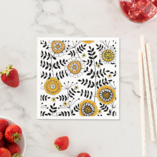 Doodle flowers and leaves in yellow and black napkin