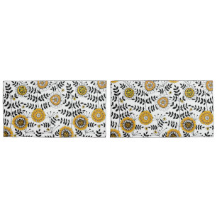 Doodle flowers and leaves in yellow and black pillowcase