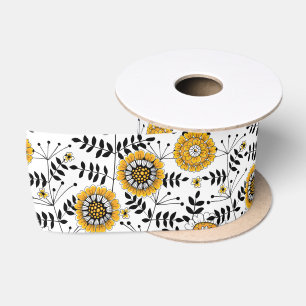 Doodle flowers and leaves in yellow and black satin ribbon