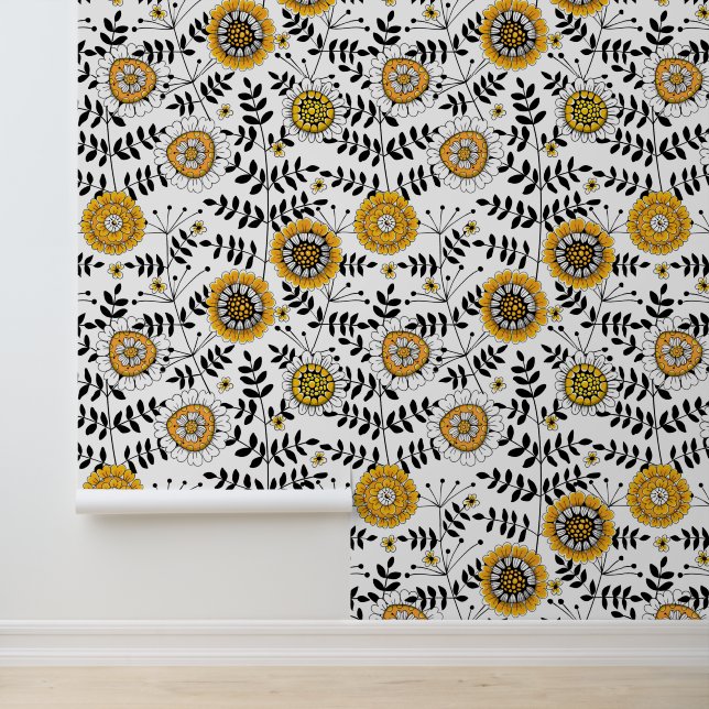Doodle flowers and leaves in yellow and black wallpaper (Application)