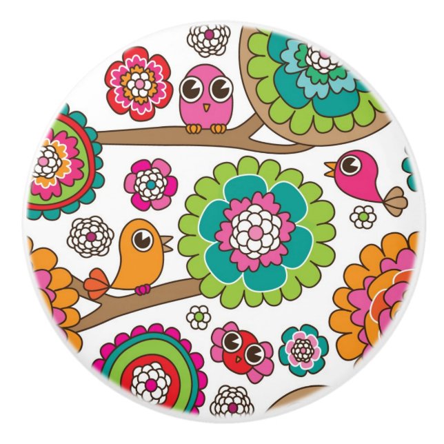 doodle flowers background pattern ceramic knob (Front)