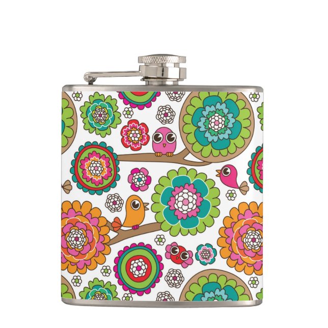 doodle flowers background pattern hip flask (Front)