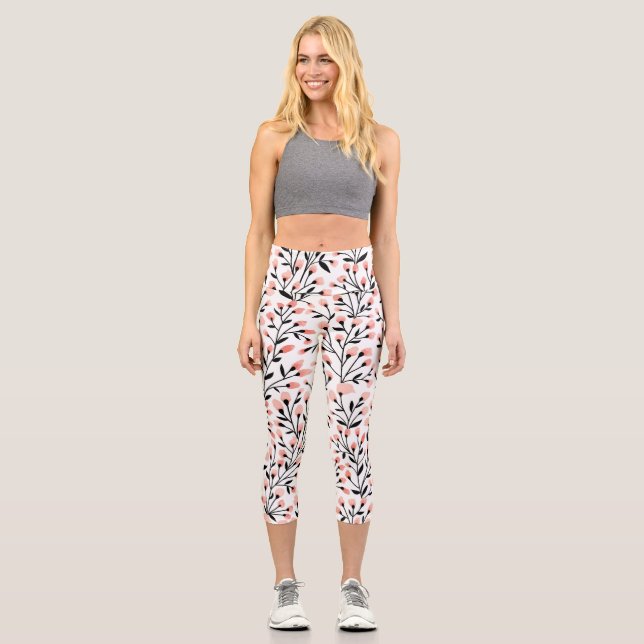 Doodle Flowers: Coral Floral Seamless. Capri Leggings (Front)