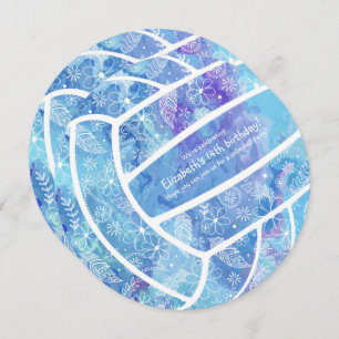 Doodle flowers feathers blue volleyball party invitation