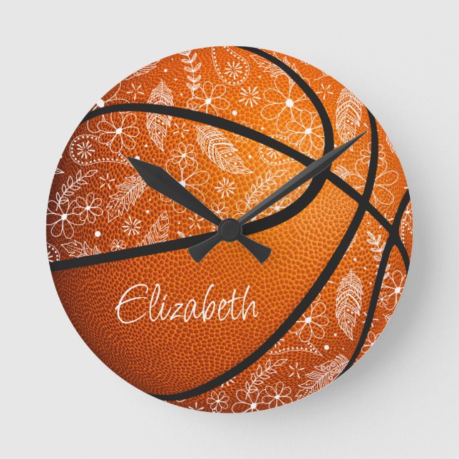 doodle flowers feathers paislies boho basketball round clock (Front)