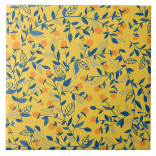 Doodle flowers in blue and yellow ceramic tile