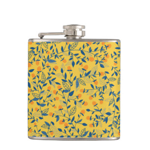 Doodle flowers in blue and yellow hip flask