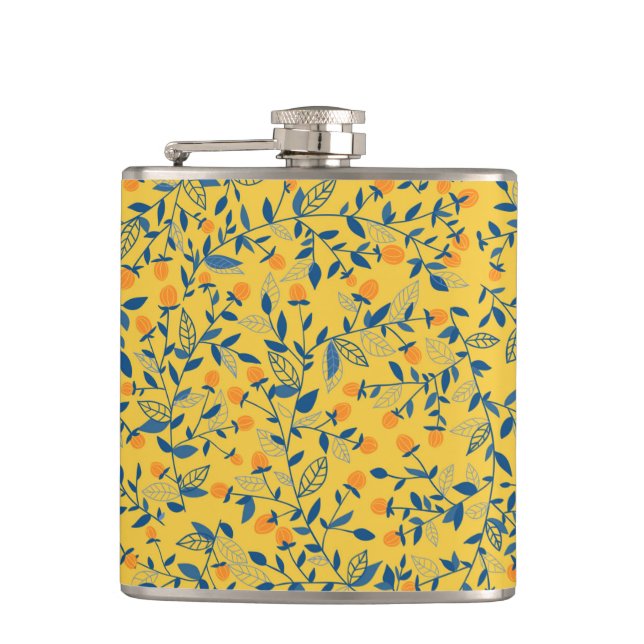Doodle flowers in blue and yellow hip flask (Front)
