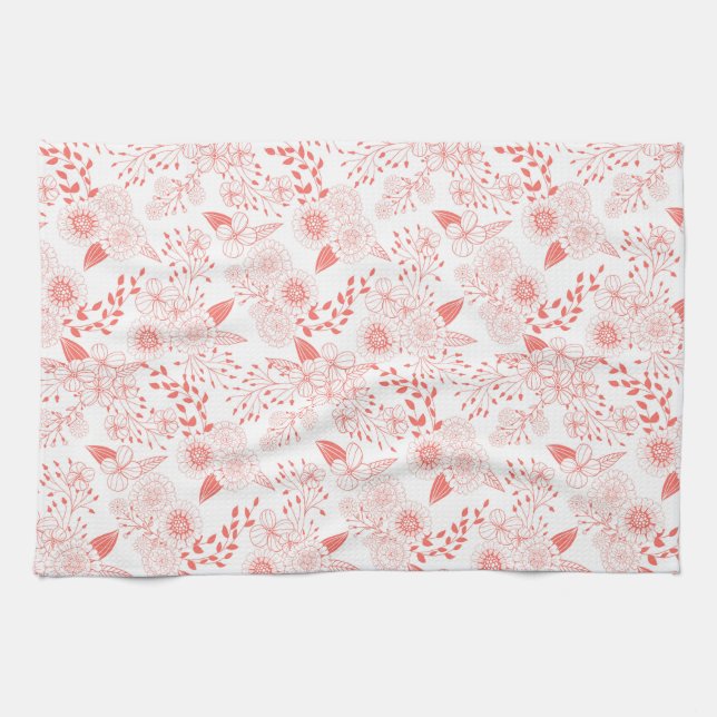 Doodle flowers in living coral tea towel (Horizontal)