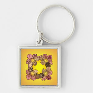 Doodle Flowers in Peach, Orange, and Gold Key Ring