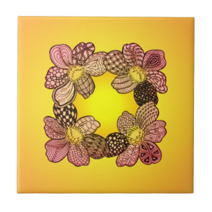 Doodle Flowers in Peach, Orange, and Gold Tile