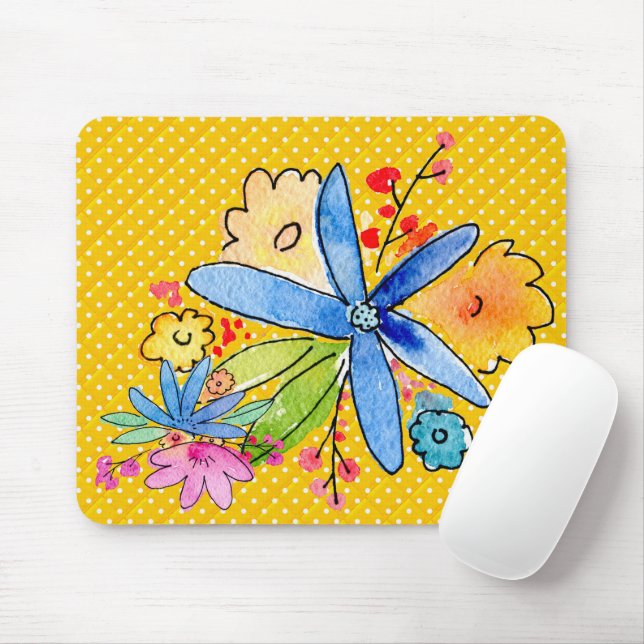 Doodle Flowers On Polka Dot Mouse Pad (With Mouse)