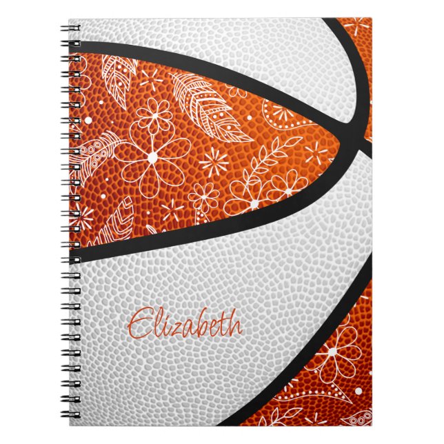 doodle flowers orange white boho basketball notebook (Front)
