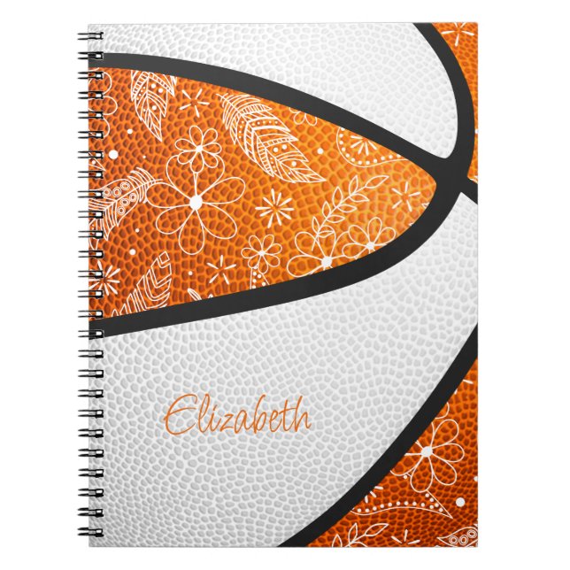 doodle flowers orange white boho basketball notebook (Front)