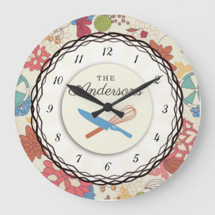Doodle flowers utensils personalized kitchen large clock