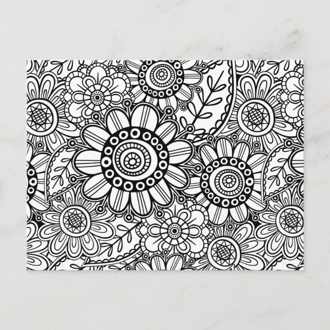 Doodle Folk Art Floral Line Drawing Pattern Postcard (Front)