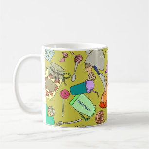 Doodle food and utensils, seamless texture. coffee mug