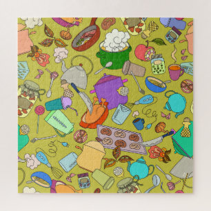 Doodle food and utensils, seamless texture. jigsaw puzzle