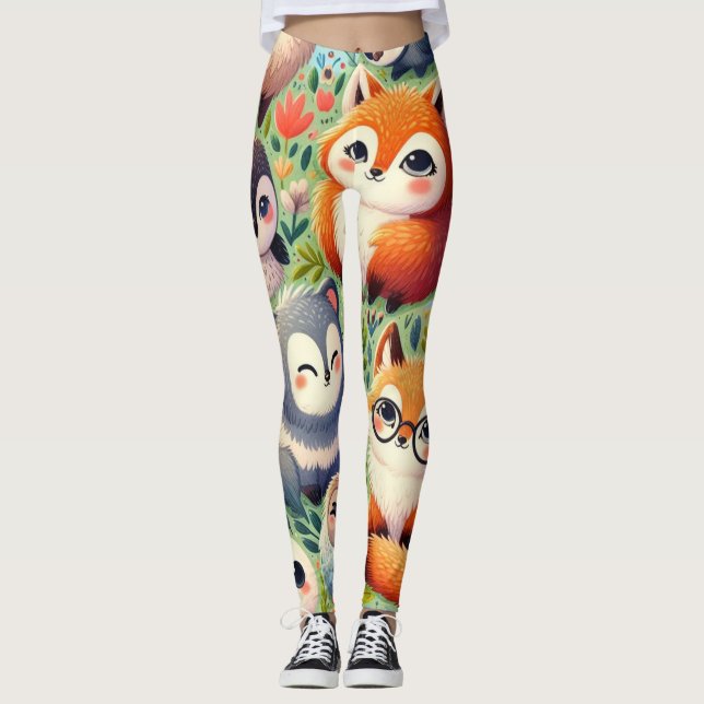doodle funny cartoon, animal pattern happy fun,  l leggings (Front)