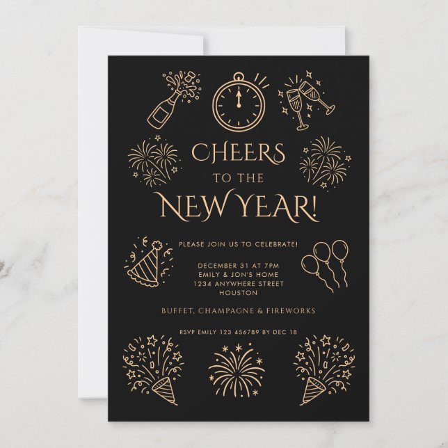 Doodle Gold Black Cheers to New Year Party Invitation (Front)