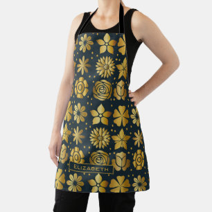 Doodle golden floral pattern personalised name apron