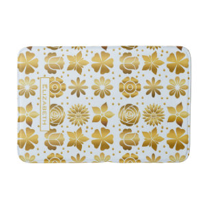 Doodle golden floral pattern personalised name bath mat