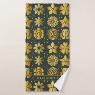 Doodle golden floral pattern personalised name  bath towel