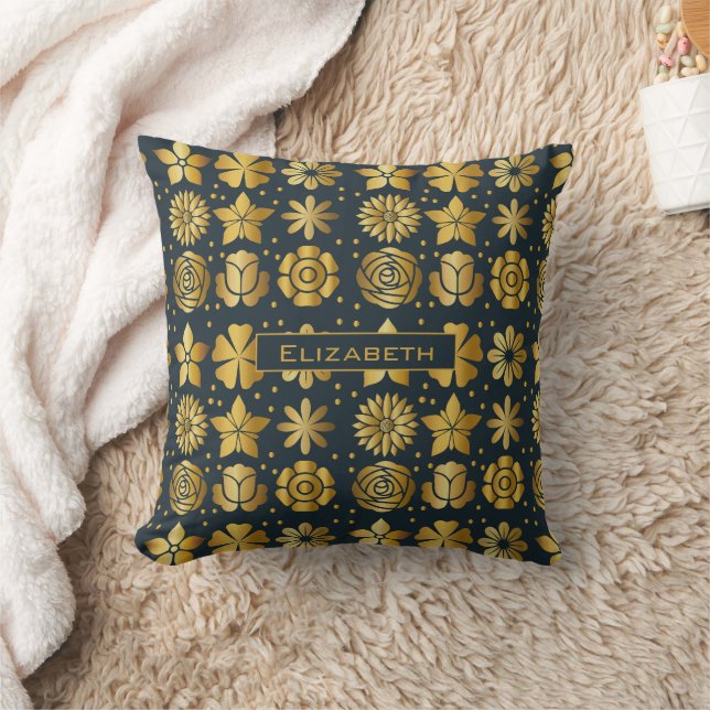 Doodle golden floral pattern personalised name cushion (Blanket)