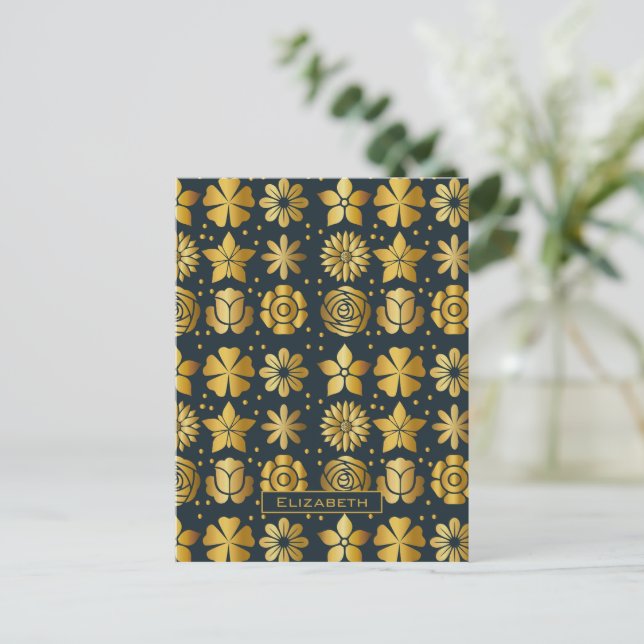 Doodle golden floral pattern personalised name postcard (Standing Front)