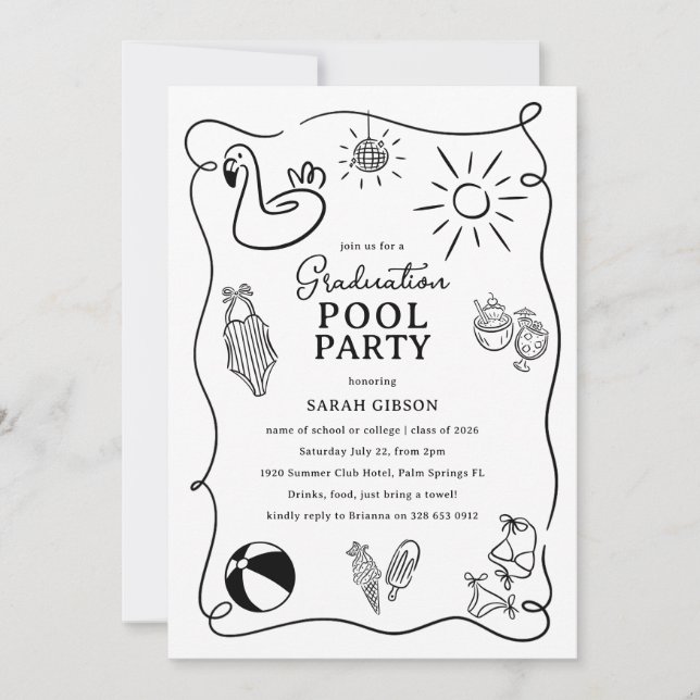 Doodle Graduation Pool Party Invitation (Front)