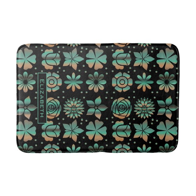 Doodle greenery floral pattern personalised name bath mat (Front)