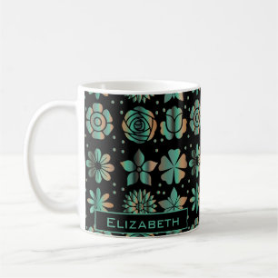 Doodle greenery floral pattern personalised name coffee mug