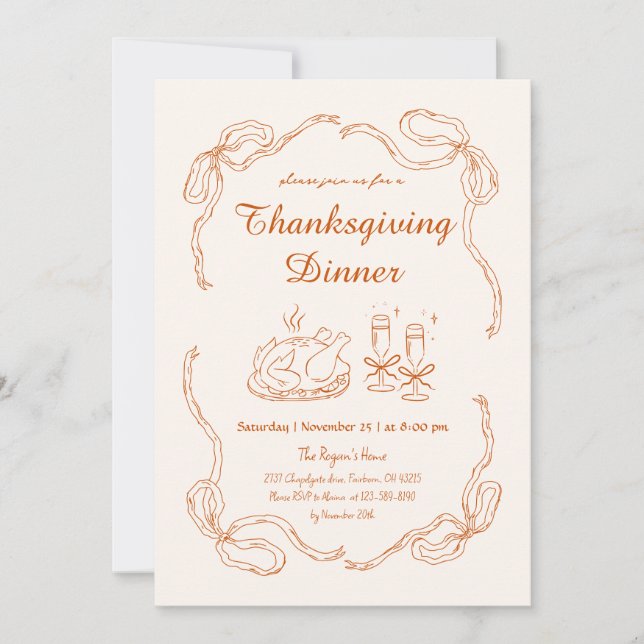 Doodle Hand Draw Quirky Thanksgiving Dinner Invitation (Front)
