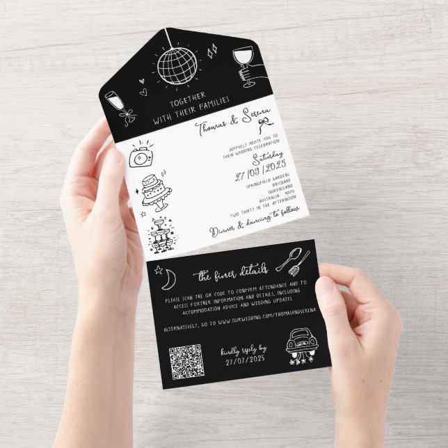 Doodle Hand Drawn All in One Black White QR Code  Invitation (Tearaway)