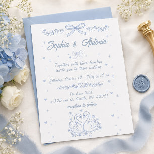 Doodle Hand Drawn Dusty Blue Swans Wedding Invitation