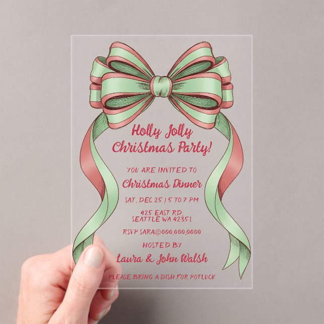 Doodle Hand drawn Green Red Bow Christmas Party Acrylic Invitations (Insitu (Handheld))