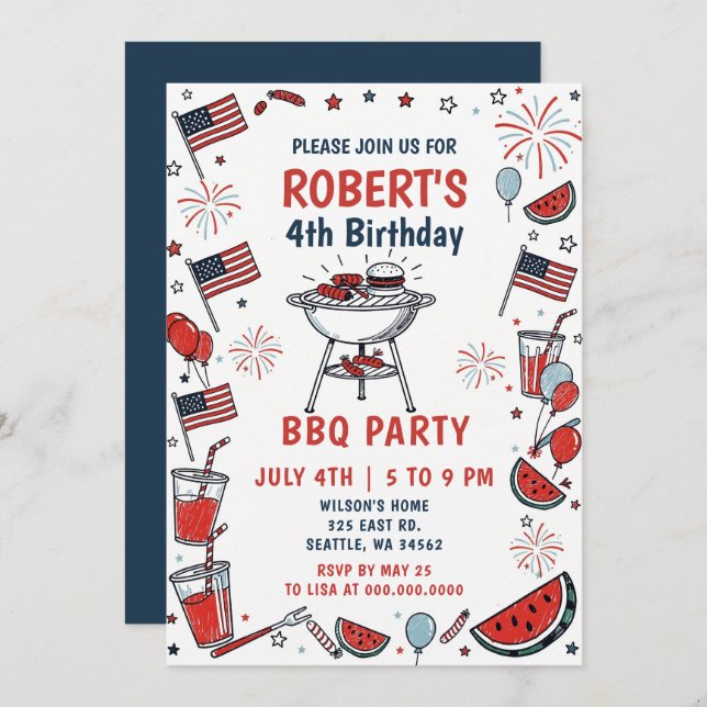 Doodle Hand Drawn July 4th BBQ Birthday Party  Invitation (Front/Back)