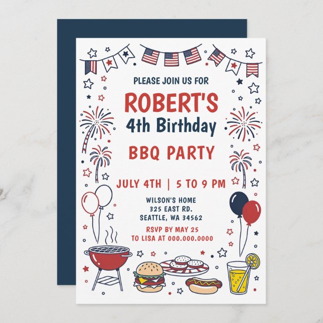 Doodle Hand Drawn July 4th BBQ Birthday Party  Invitation (Front/Back)