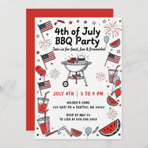 Doodle Hand Drawn July 4th BBQ Holiday Party Invitation