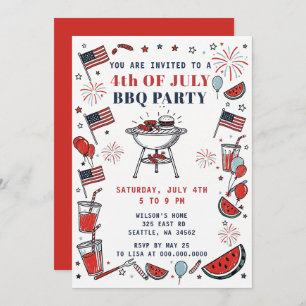 Doodle Hand Drawn July 4th BBQ Holiday Party Invitation