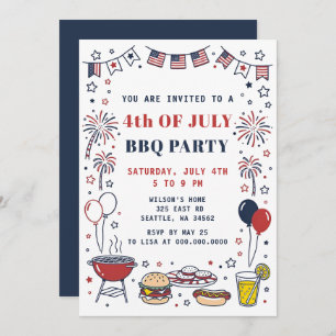 Doodle Hand Drawn July 4th BBQ Holiday Party Invitation