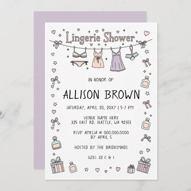 Doodle Hand Drawn Lingerie Shower Bachelorette  Invitation (Front/Back)