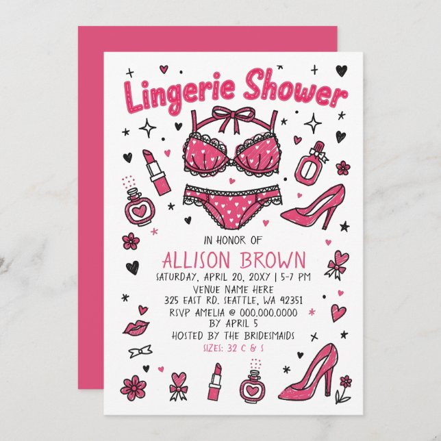 Doodle Hand Drawn Lingerie Shower Bachelorette  Invitation (Front/Back)
