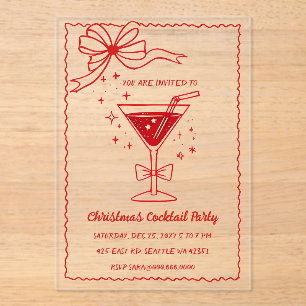 Doodle Hand drawn Pink Red Bow Christmas Cocktails Acrylic Invitations