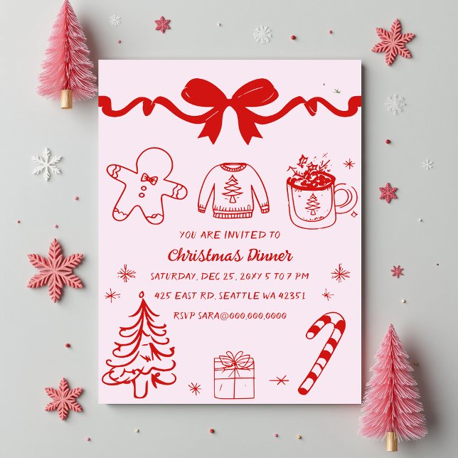 Doodle Hand drawn Pink Red Christmas Party Invitation (Doodle Hand drawn Pink Red Christmas Party Invitation)