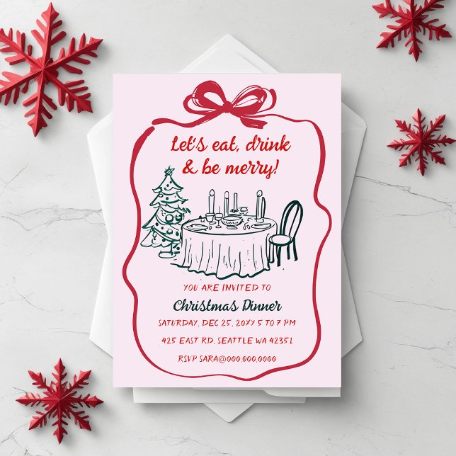 Doodle Hand drawn Pink Red Christmas Party Invitation (Doodle Hand drawn Pink Red Christmas Party Invitation)