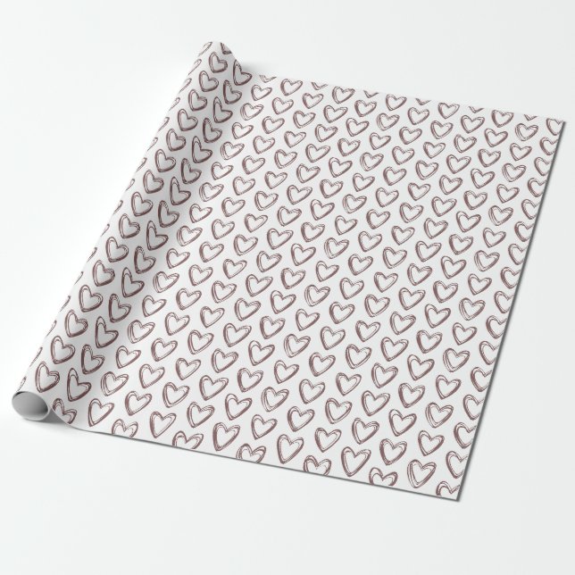 Doodle Hearts Brown Minimalist Valentine's Day Wrapping Paper (Unrolled)